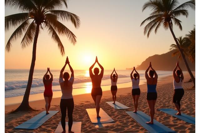 バリ島のビーチでヨガをするグループ