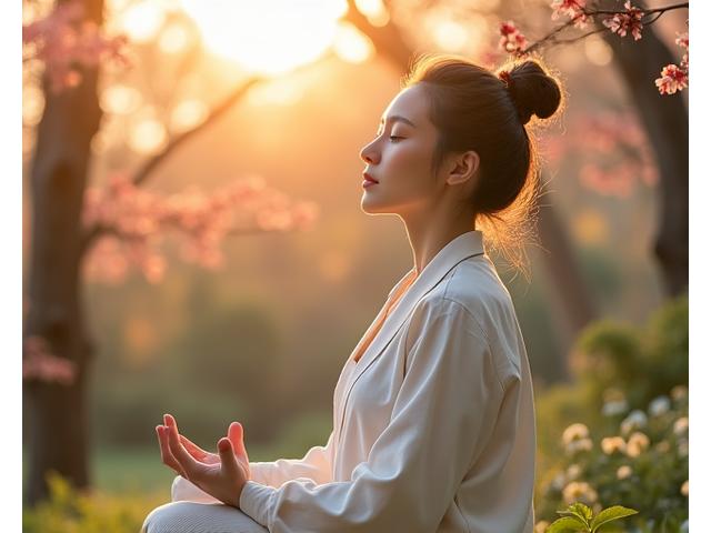 A serene woman meditating outdoors, sunlight filtering through trees.